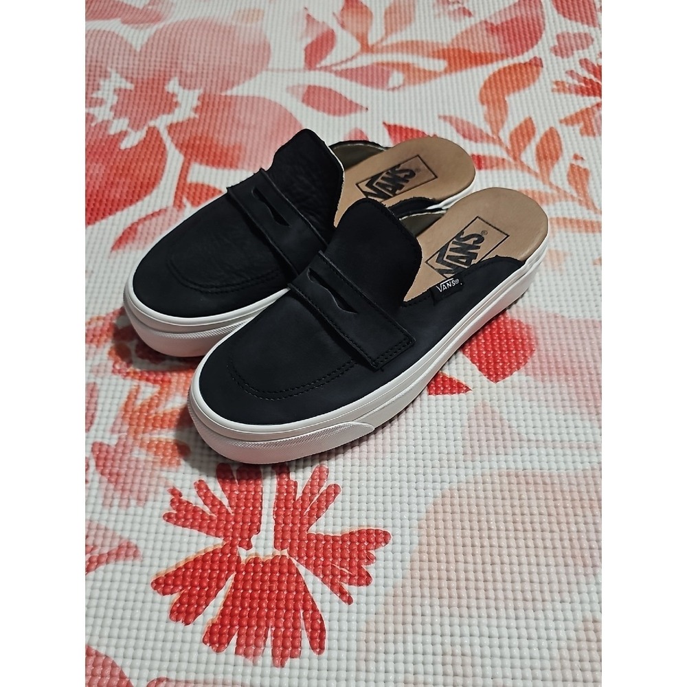 Vans Nu-Buck Black Slip-On Mule Loafers with White Platform